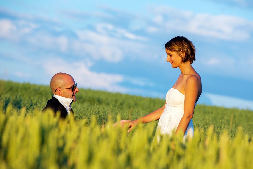 Hochzeitspaar in einem Getreidefeld.